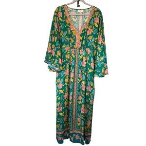 World Market Maxi Dress Womens S/M Teal Green Floral Boho Bell Sleeve Excellent